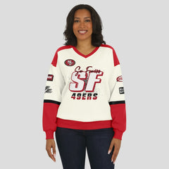 San Francisco 49ers WEAR by Erin Andrews Women's Racing Crew V-Neck Sweatshirt Cream - NFL