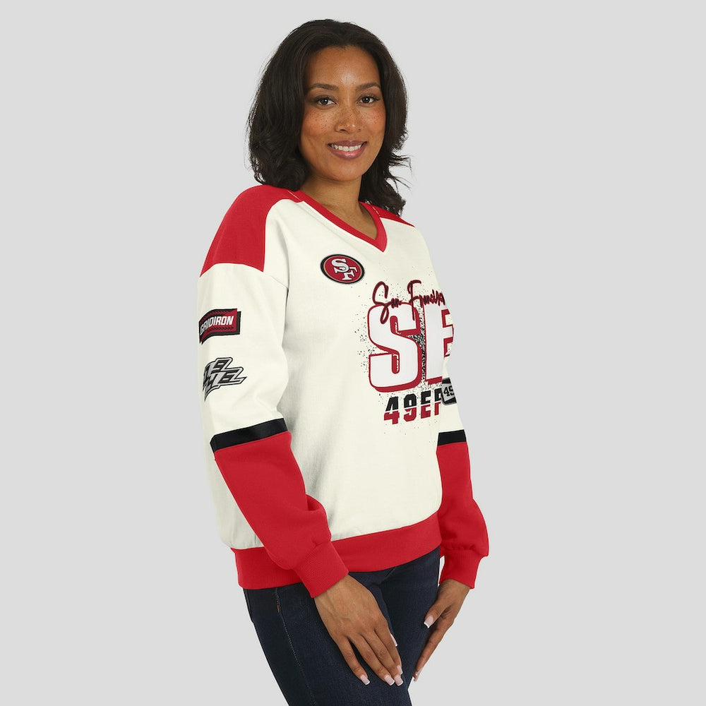 San Francisco 49ers WEAR by Erin Andrews Women's Racing Crew V-Neck Sweatshirt Cream - NFL
