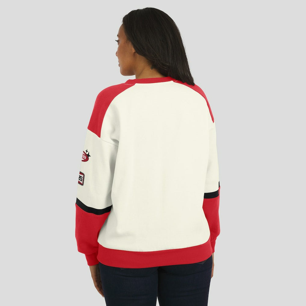 San Francisco 49ers WEAR by Erin Andrews Women's Racing Crew V-Neck Sweatshirt Cream - NFL