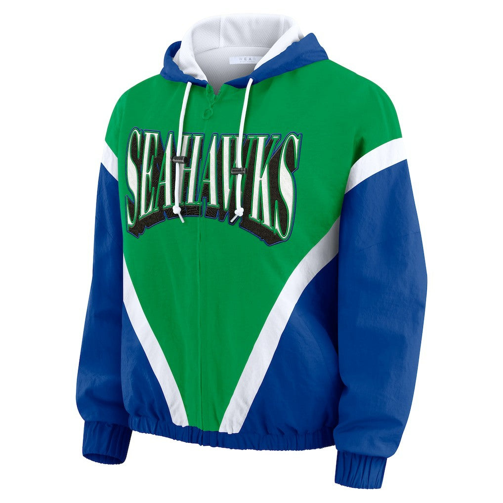 Seattle Seahawks WEAR by Erin Andrews Women's Plus Size Retro Crinkle Full-Zip Hoodie Windbreaker Jacket Kelly Green/Royal - NFL