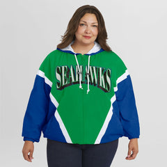 Seattle Seahawks WEAR by Erin Andrews Women's Plus Size Retro Crinkle Full-Zip Hoodie Windbreaker Jacket Kelly Green/Royal - NFL