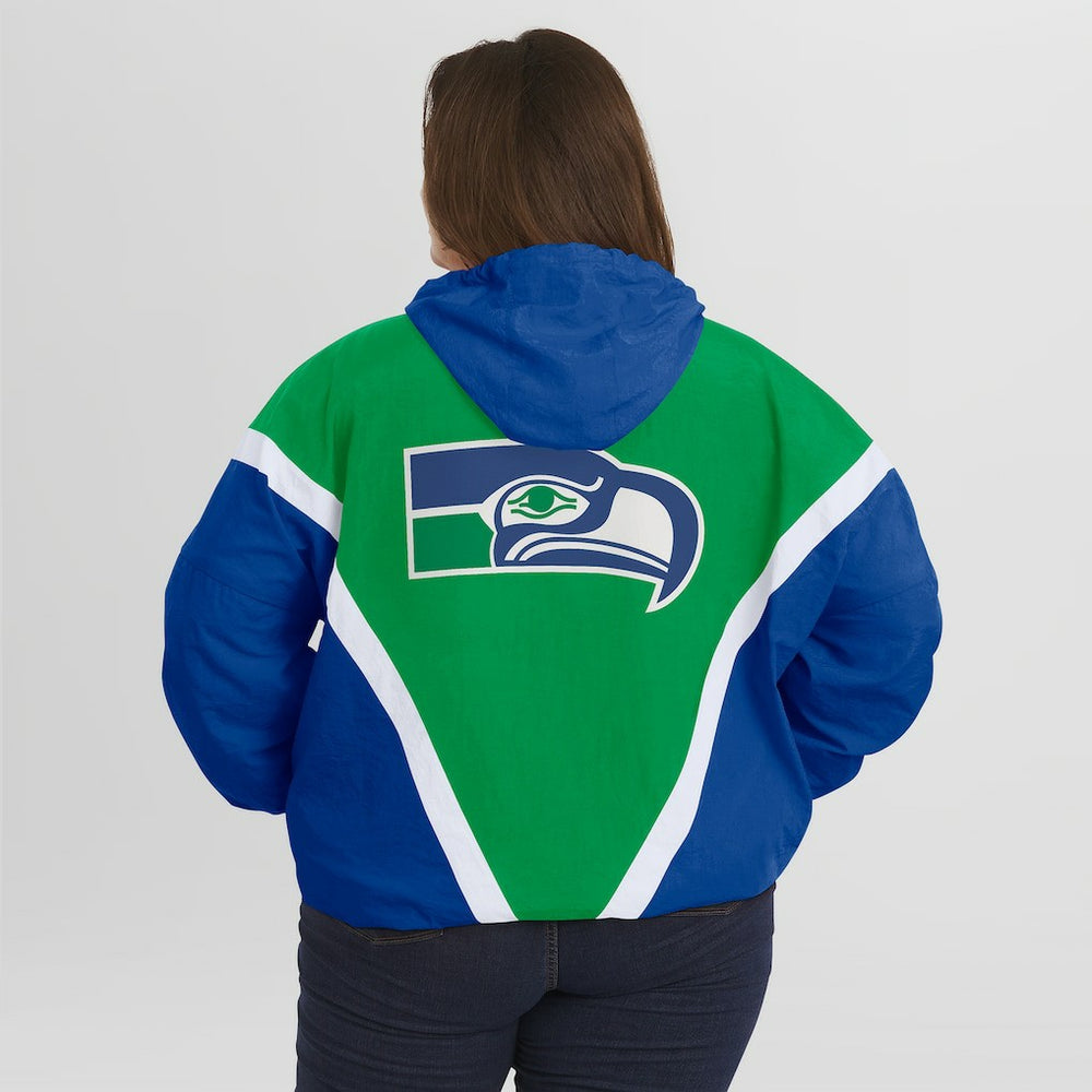 Seattle Seahawks WEAR by Erin Andrews Women's Plus Size Retro Crinkle Full-Zip Hoodie Windbreaker Jacket Kelly Green/Royal - NFL