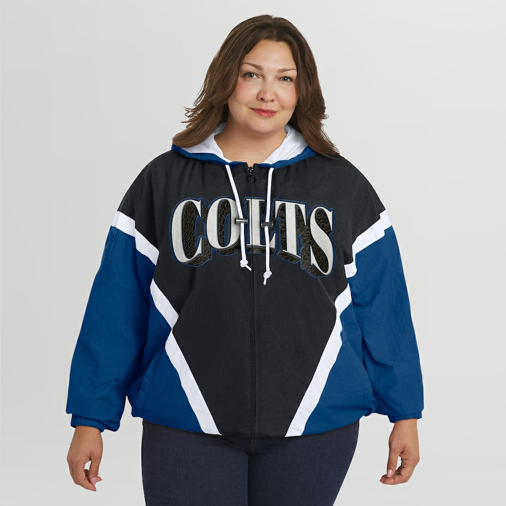Indianapolis Colts WEAR by Erin Andrews Women's Plus Size Retro Crinkle Full-Zip Hoodie Windbreaker Jacket Black/Royal - NFL
