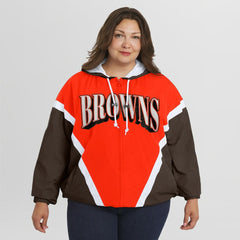Cleveland Browns WEAR by Erin Andrews Women's Plus Size Retro Crinkle Full-Zip Hoodie Windbreaker Jacket Orange/Brown - NFL