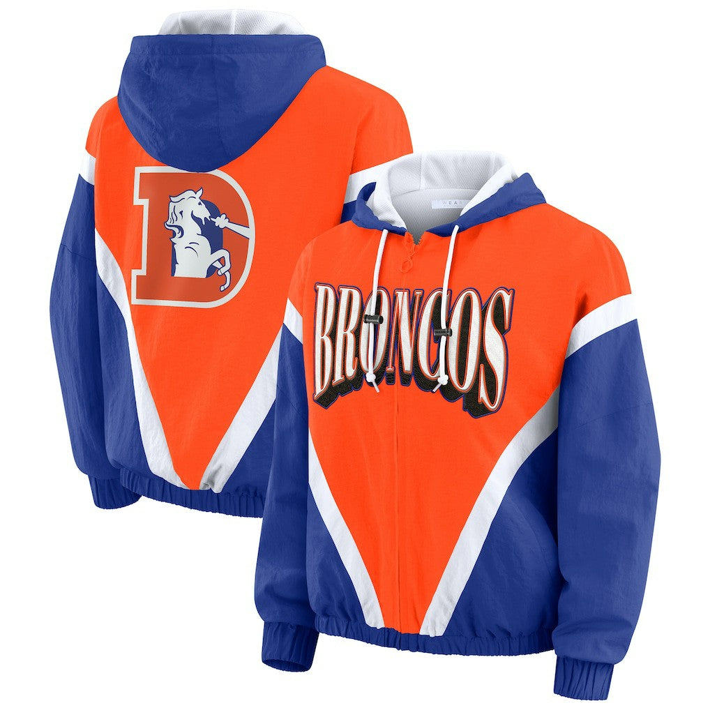 Denver Broncos WEAR by Erin Andrews Women's Plus Size Retro Crinkle Full-Zip Hoodie Windbreaker Jacket Orange/Royal - NFL
