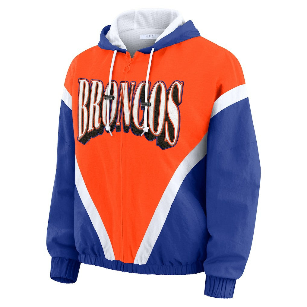 Denver Broncos WEAR by Erin Andrews Women's Plus Size Retro Crinkle Full-Zip Hoodie Windbreaker Jacket Orange/Royal - NFL