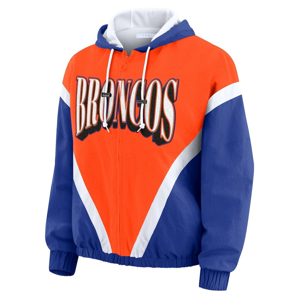 Denver Broncos WEAR by Erin Andrews Women's Plus Size Retro Crinkle Full-Zip Hoodie Windbreaker Jacket Orange/Royal - NFL
