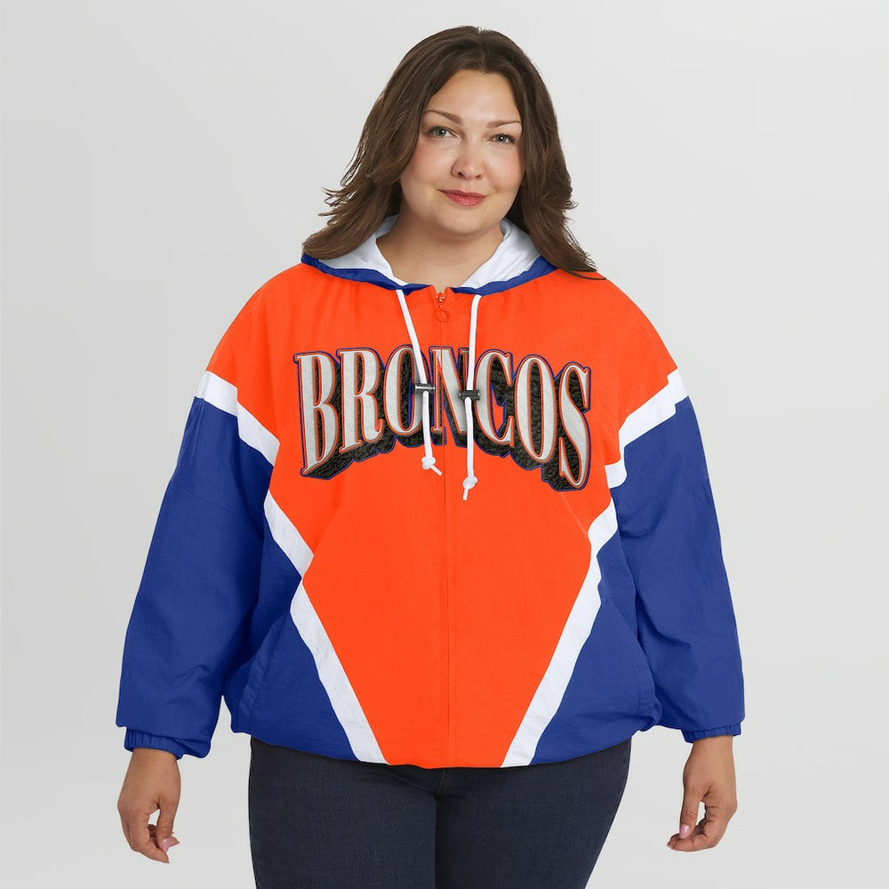 Denver Broncos WEAR by Erin Andrews Women's Plus Size Retro Crinkle Full-Zip Hoodie Windbreaker Jacket Orange/Royal - NFL