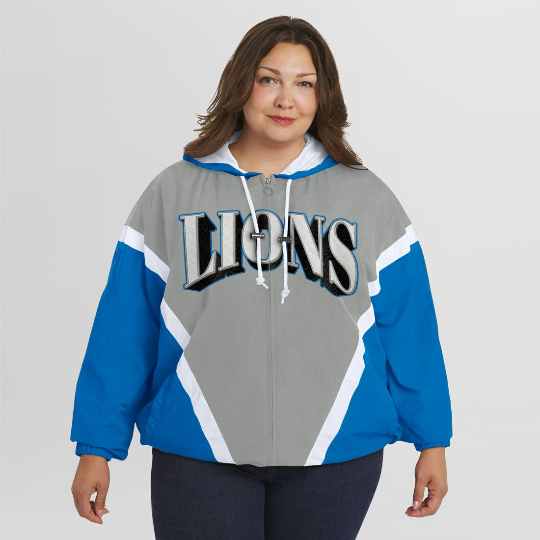 Detroit Lions WEAR by Erin Andrews Women's Plus Size Retro Crinkle Full-Zip Hoodie Windbreaker Jacket Blue/Gray - NFL