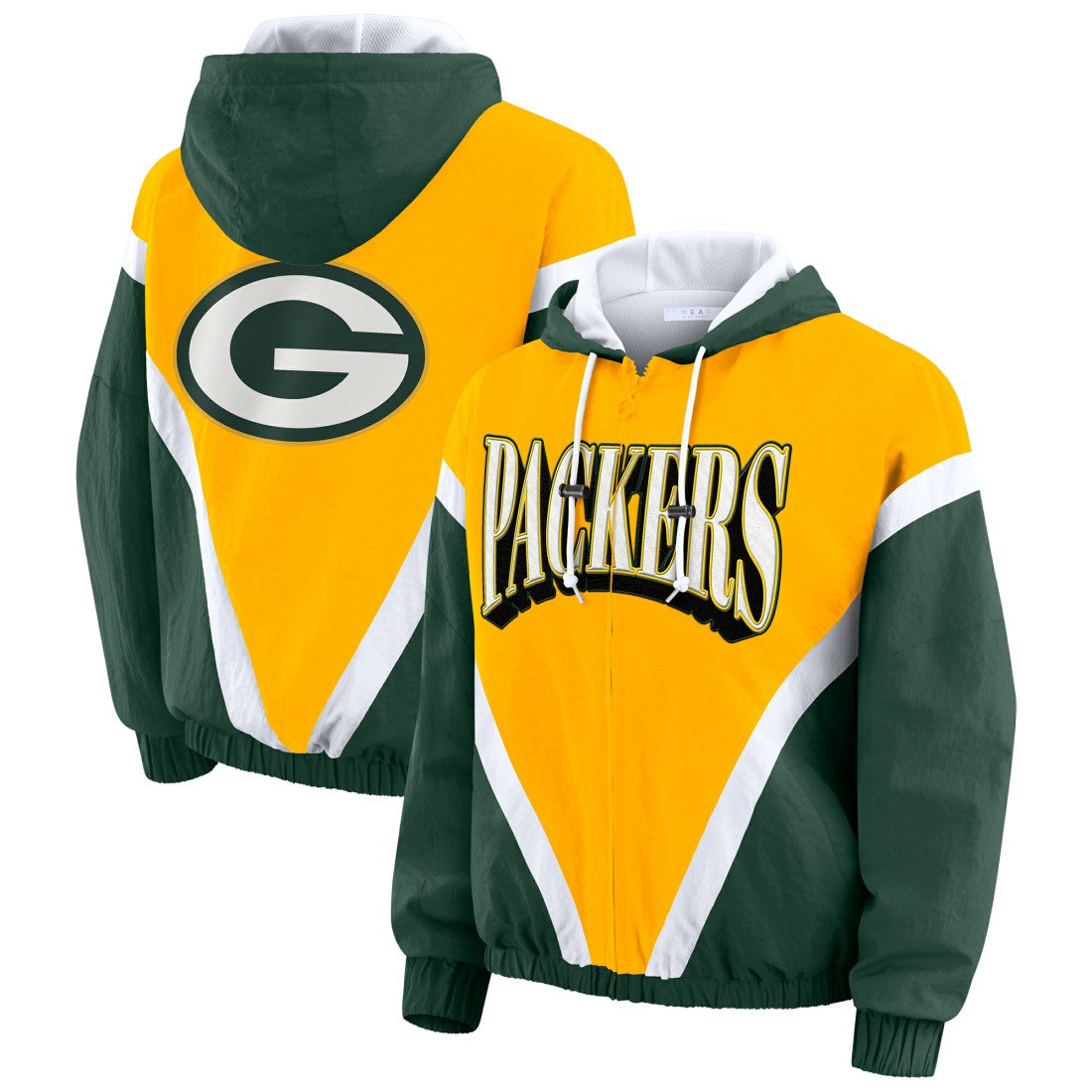 Green Bay Packers WEAR by Erin Andrews Women's Plus Size Retro Crinkle Full-Zip Hoodie Windbreaker Jacket Gold/Green - NFL