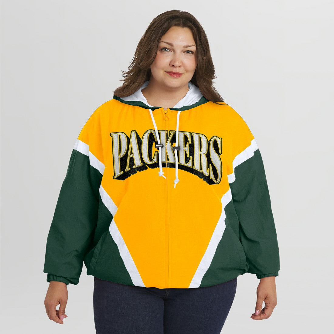 Green Bay Packers WEAR by Erin Andrews Women's Plus Size Retro Crinkle Full-Zip Hoodie Windbreaker Jacket Gold/Green - NFL