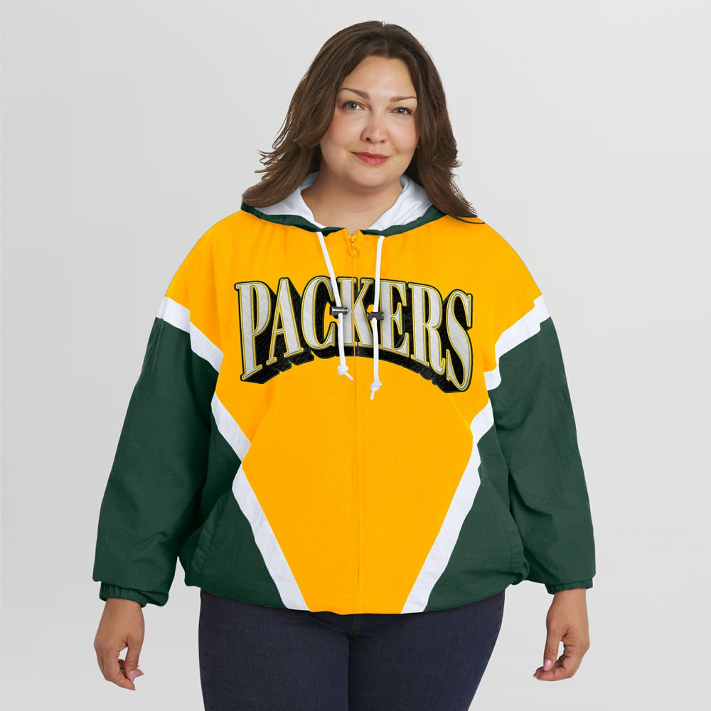 Green Bay Packers WEAR by Erin Andrews Women's Plus Size Retro Crinkle Full-Zip Hoodie Windbreaker Jacket Gold/Green - NFL