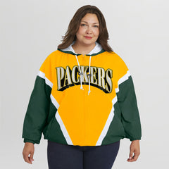 Green Bay Packers WEAR by Erin Andrews Women's Plus Size Retro Crinkle Full-Zip Hoodie Windbreaker Jacket Gold/Green - NFL