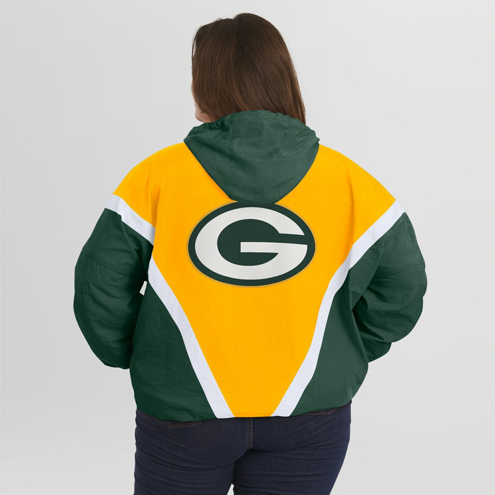 Green Bay Packers WEAR by Erin Andrews Women's Plus Size Retro Crinkle Full-Zip Hoodie Windbreaker Jacket Gold/Green - NFL