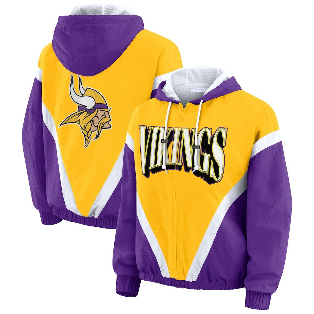 Minnesota Vikings WEAR by Erin Andrews Women's Plus Size Retro Crinkle Full-Zip Hoodie Windbreaker Jacket Gold/Purple - NFL