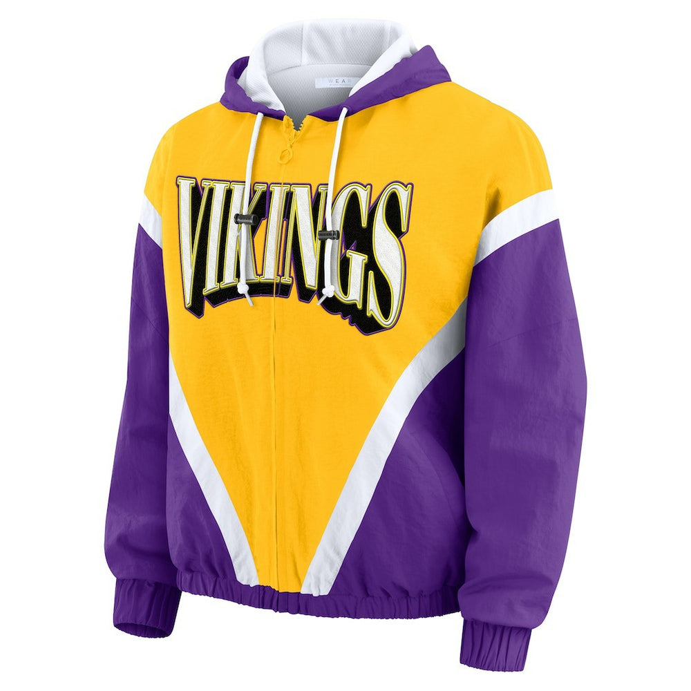 Minnesota Vikings WEAR by Erin Andrews Women's Plus Size Retro Crinkle Full-Zip Hoodie Windbreaker Jacket Gold/Purple - NFL
