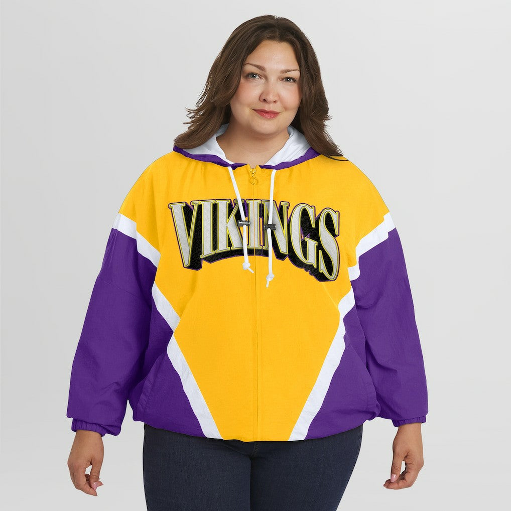 Minnesota Vikings WEAR by Erin Andrews Women's Plus Size Retro Crinkle Full-Zip Hoodie Windbreaker Jacket Gold/Purple - NFL