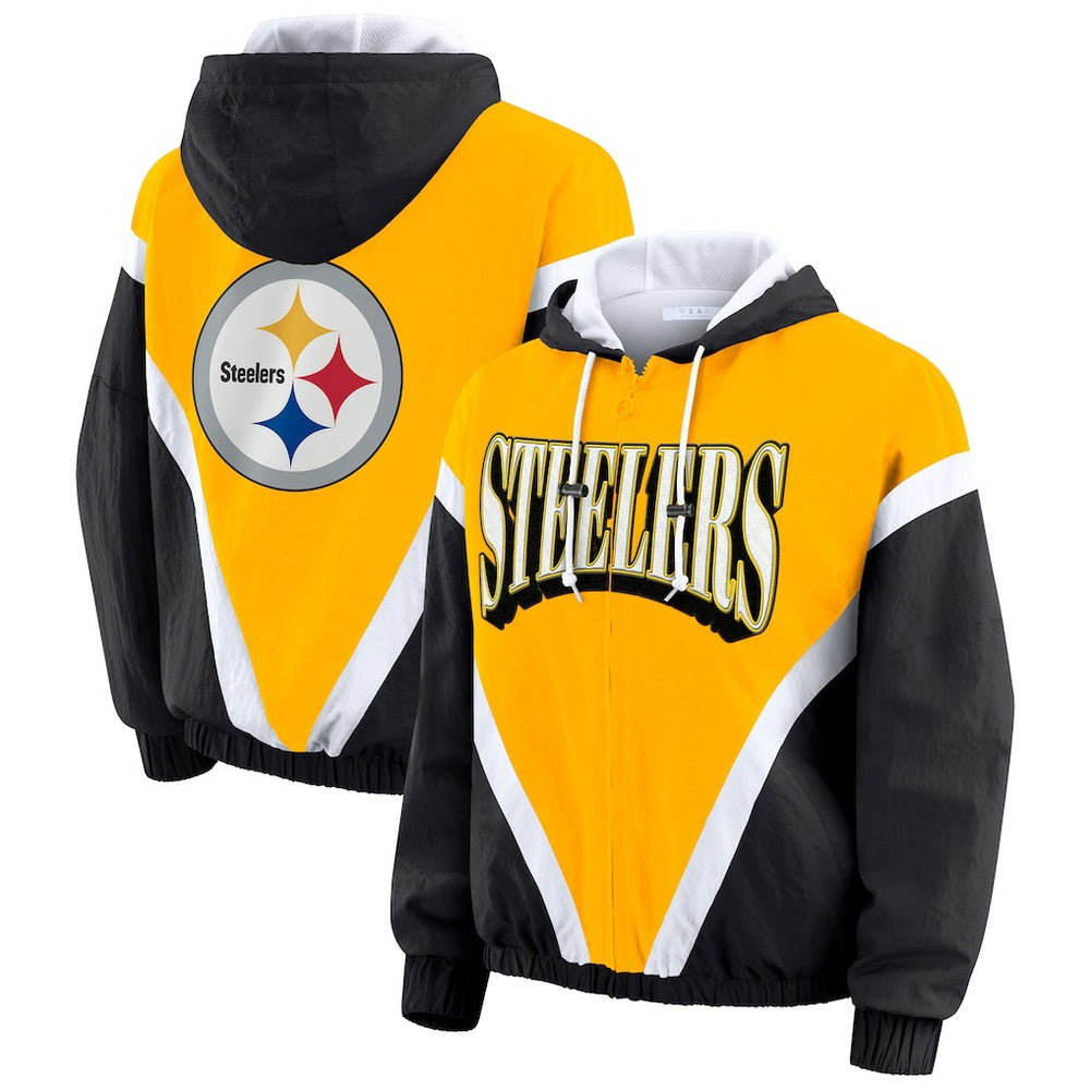 Pittsburgh Steelers WEAR by Erin Andrews Women's Plus Size Retro Crinkle Full-Zip Hoodie Windbreaker Jacket Gold/Black - NFL