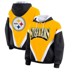Pittsburgh Steelers WEAR by Erin Andrews Women's Plus Size Retro Crinkle Full-Zip Hoodie Windbreaker Jacket Gold/Black - NFL