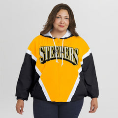 Pittsburgh Steelers WEAR by Erin Andrews Women's Plus Size Retro Crinkle Full-Zip Hoodie Windbreaker Jacket Gold/Black - NFL