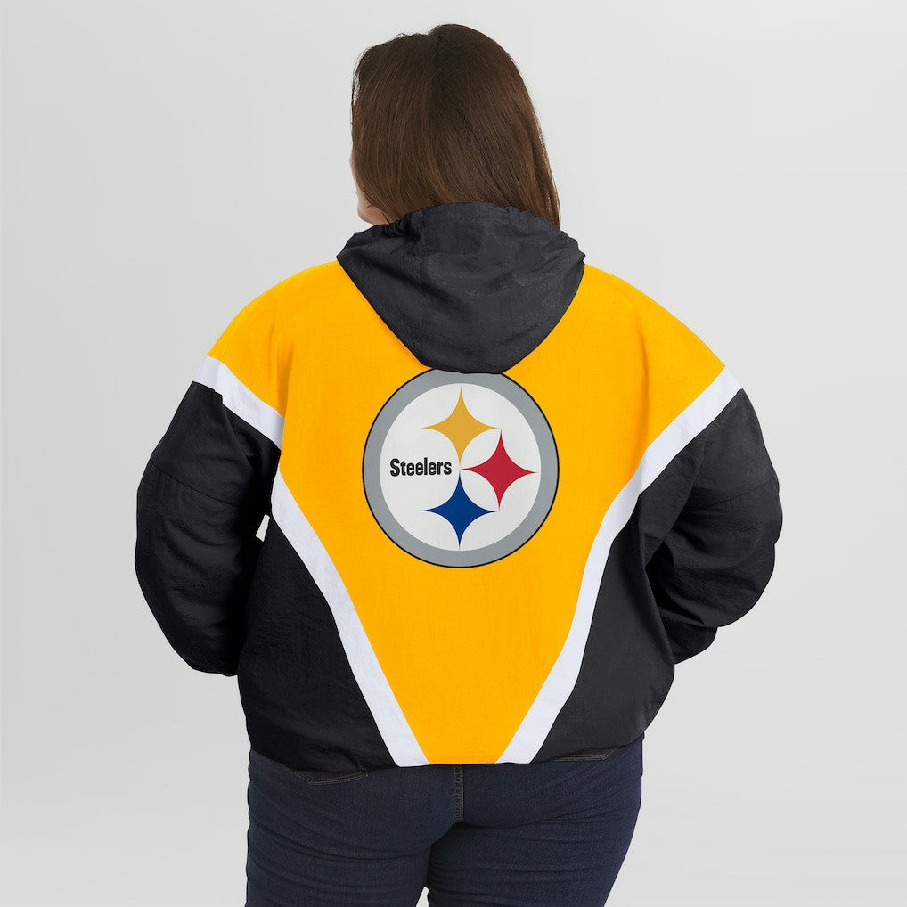 Pittsburgh Steelers WEAR by Erin Andrews Women's Plus Size Retro Crinkle Full-Zip Hoodie Windbreaker Jacket Gold/Black - NFL