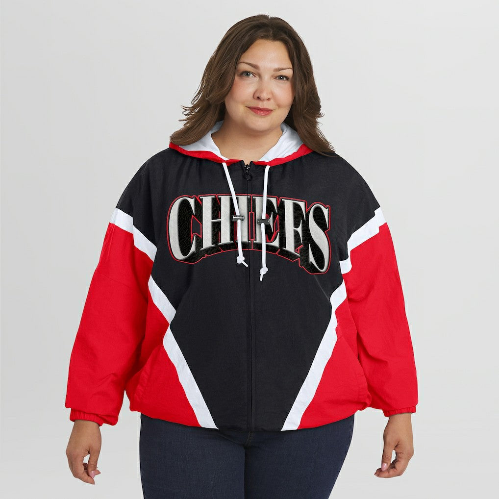 Kansas City Chiefs WEAR by Erin Andrews Women's Plus Size Retro Crinkle Full-Zip Hoodie Windbreaker Jacket Red/Black - NFL