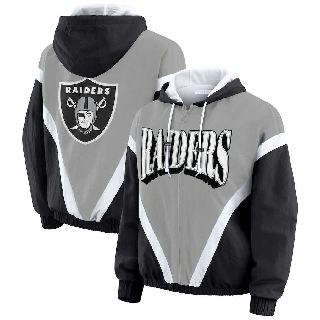 Las Vegas Raiders WEAR by Erin Andrews Women's Plus Size Retro Crinkle Full-Zip Hoodie Windbreaker Jacket Black/Gray - NFL