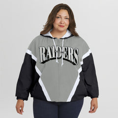 Las Vegas Raiders WEAR by Erin Andrews Women's Plus Size Retro Crinkle Full-Zip Hoodie Windbreaker Jacket Black/Gray - NFL
