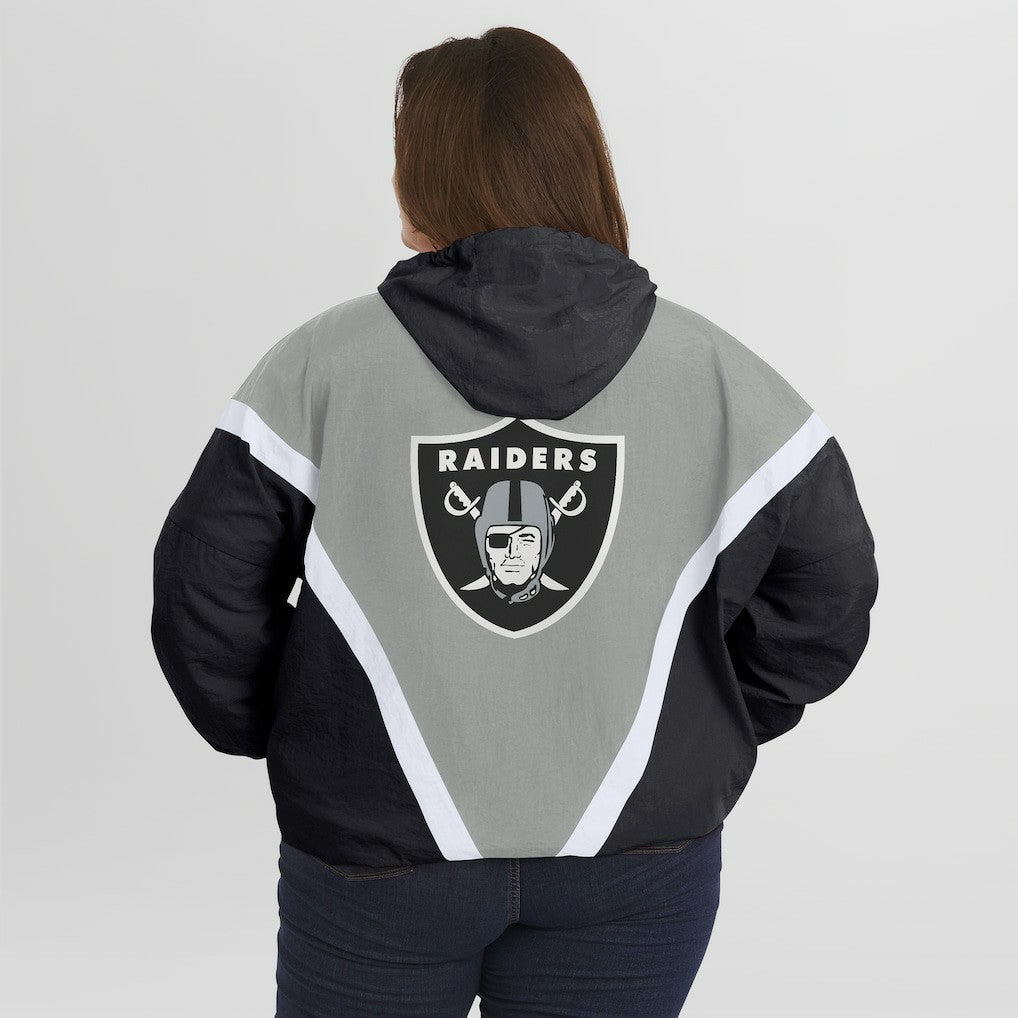Las Vegas Raiders WEAR by Erin Andrews Women's Plus Size Retro Crinkle Full-Zip Hoodie Windbreaker Jacket Black/Gray - NFL
