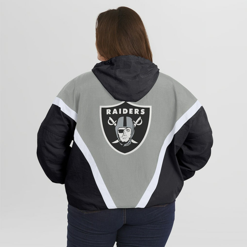 Las Vegas Raiders WEAR by Erin Andrews Women's Plus Size Retro Crinkle Full-Zip Hoodie Windbreaker Jacket Black/Gray - NFL