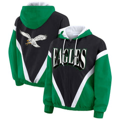 Philadelphia Eagles WEAR by Erin Andrews Women's Plus Size Retro Crinkle Full-Zip Hoodie Windbreaker Jacket Kelly Green/Black - NFL