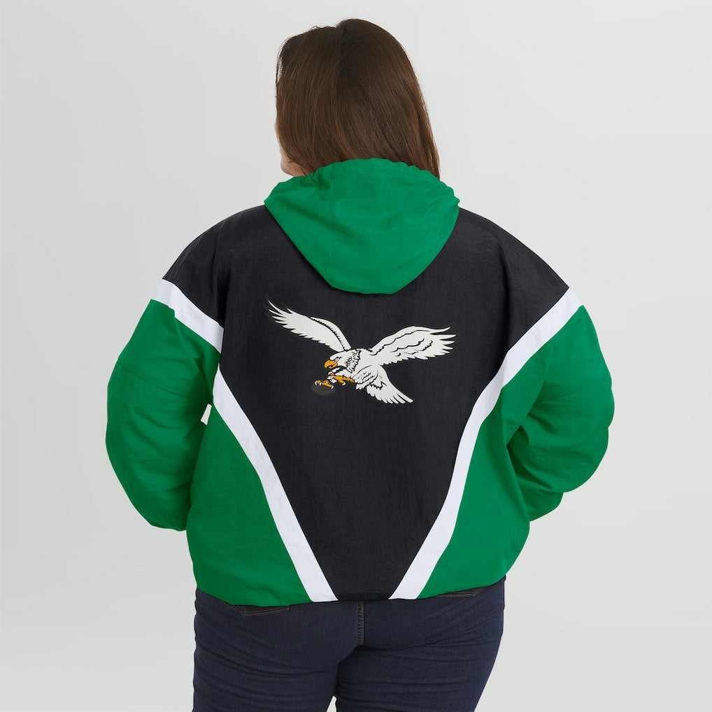 Philadelphia Eagles WEAR by Erin Andrews Women's Plus Size Retro Crinkle Full-Zip Hoodie Windbreaker Jacket Kelly Green/Black - NFL