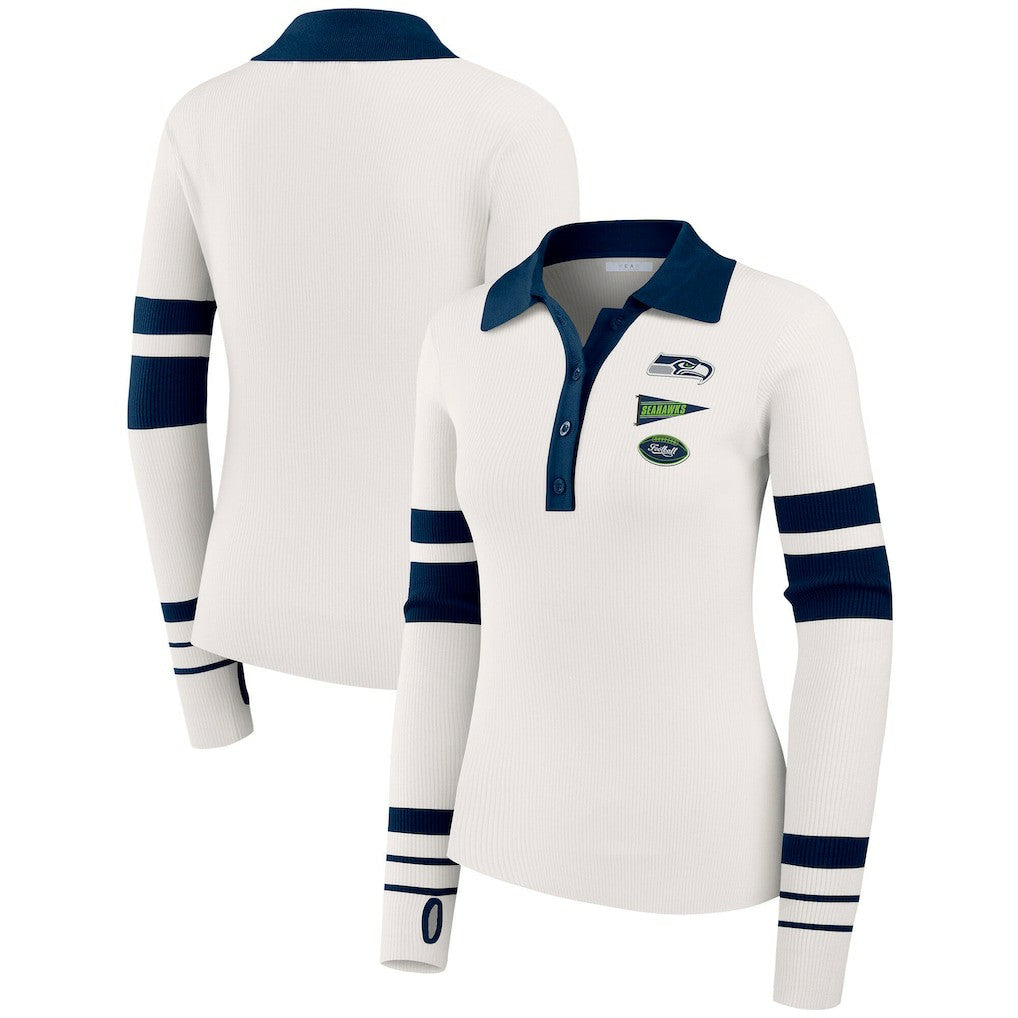 Seattle Seahawks WEAR by Erin Andrews Women's Ribbed Henley Polo Sweater White - NFL