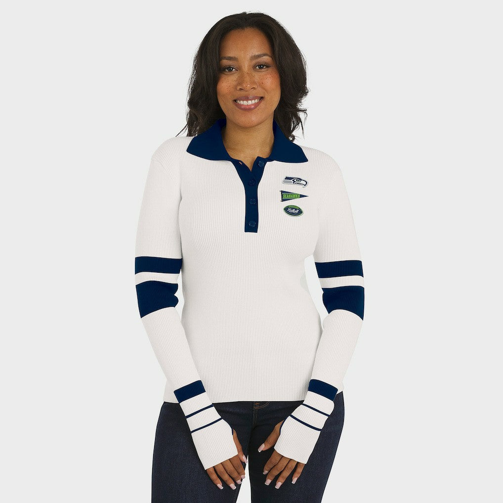 Seattle Seahawks WEAR by Erin Andrews Women's Ribbed Henley Polo Sweater White - NFL