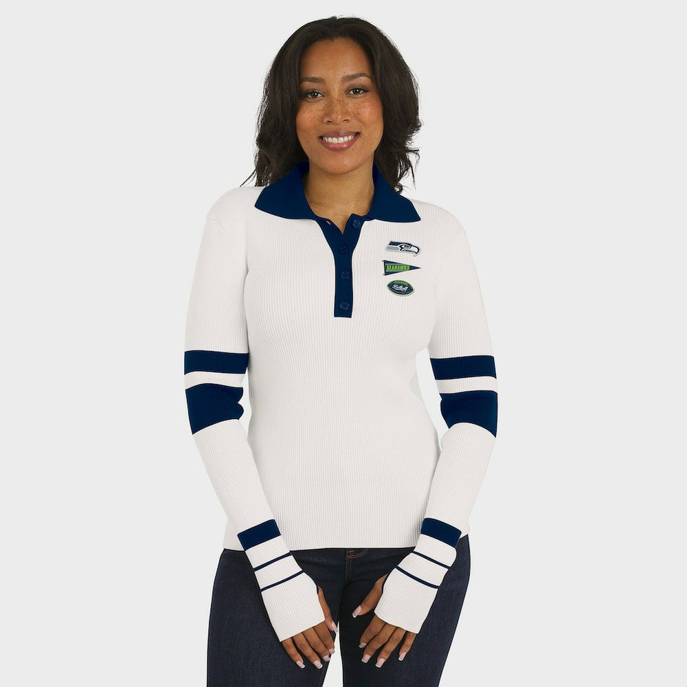 Seattle Seahawks WEAR by Erin Andrews Women's Ribbed Henley Polo Sweater White - NFL
