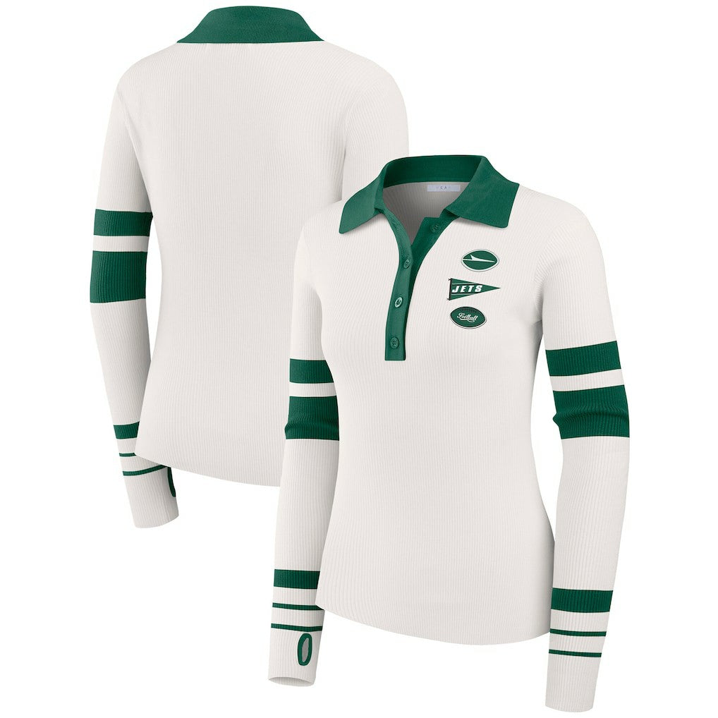 New York Jets WEAR by Erin Andrews Women's Ribbed Henley Polo Sweater White - NFL