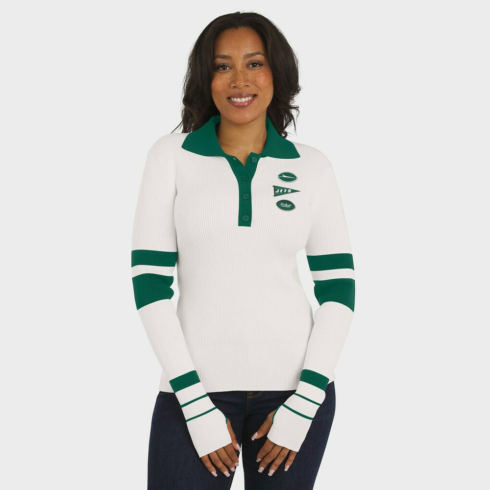 New York Jets WEAR by Erin Andrews Women's Ribbed Henley Polo Sweater White - NFL