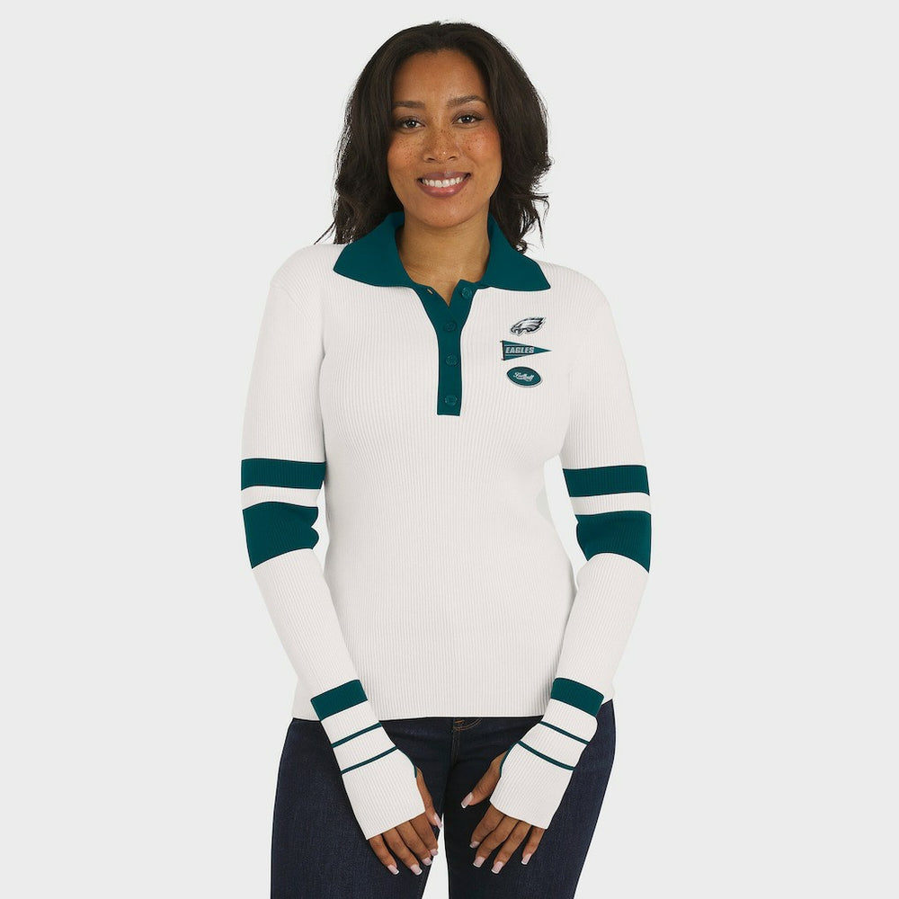 Philadelphia Eagles WEAR by Erin Andrews Women's Ribbed Henley Polo Sweater White - NFL