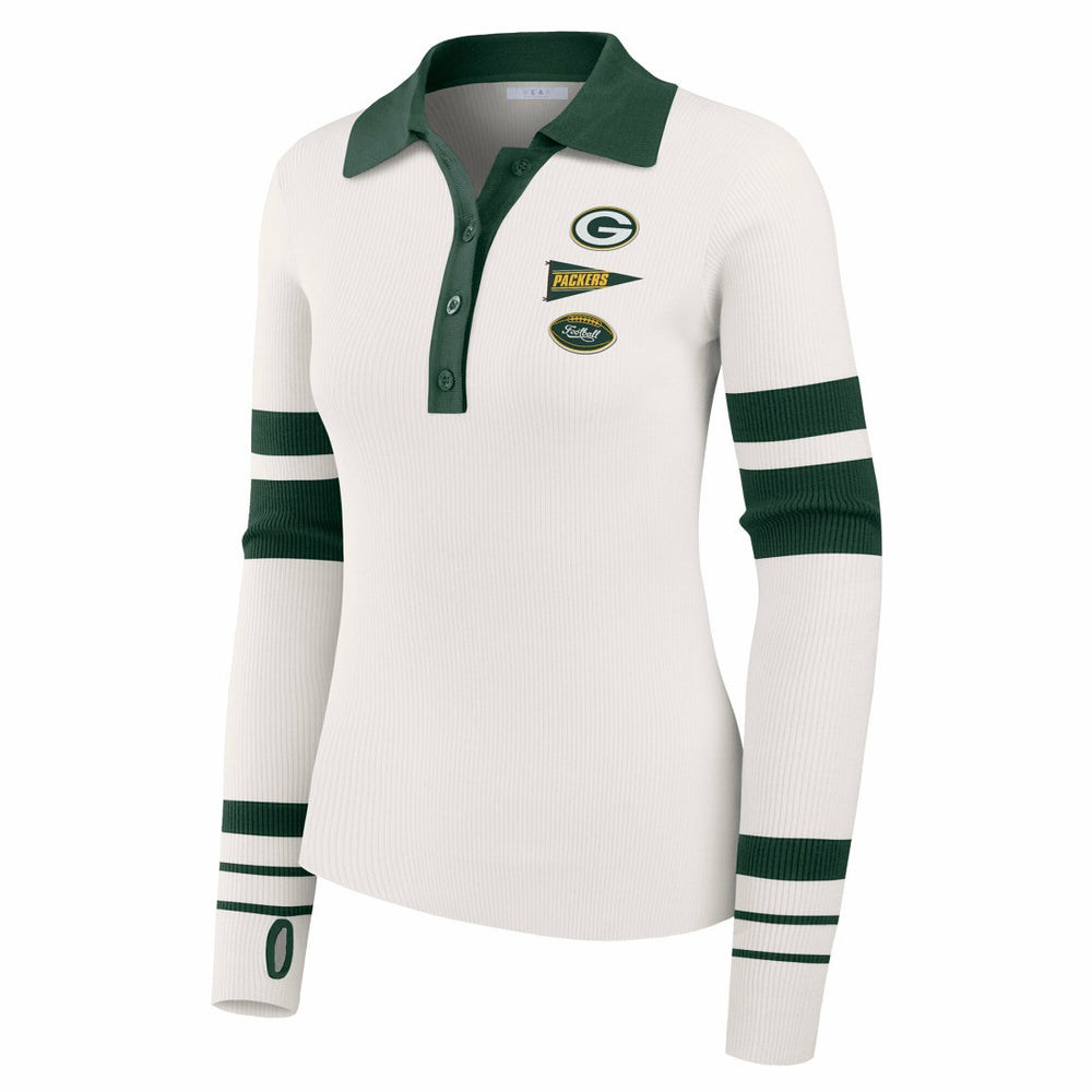 Green Bay Packers WEAR by Erin Andrews Women's Ribbed Henley Polo Sweater White - NFL
