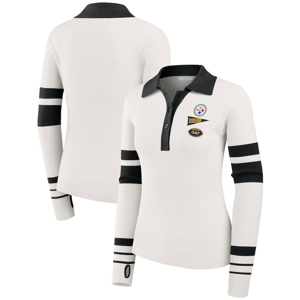 Pittsburgh Steelers WEAR by Erin Andrews Women's Ribbed Henley Polo Sweater White - NFL
