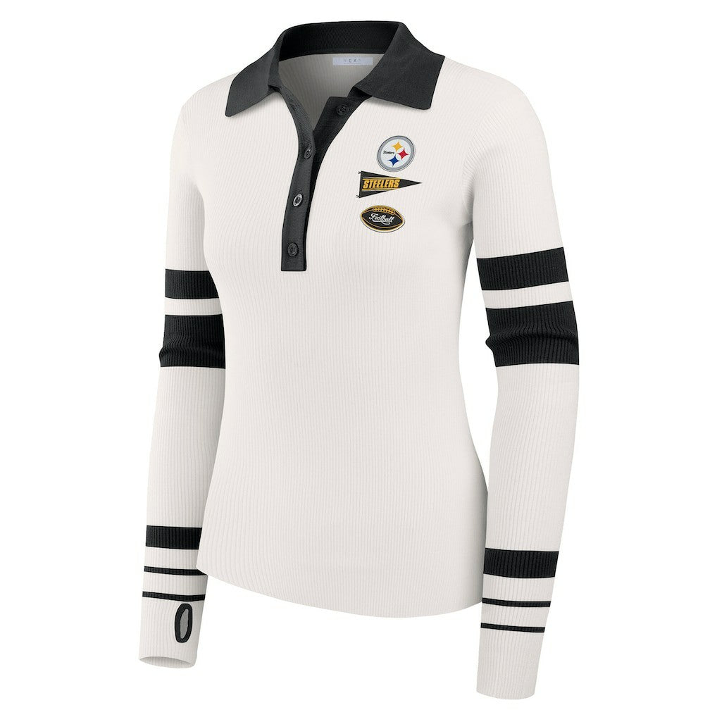 Pittsburgh Steelers WEAR by Erin Andrews Women's Ribbed Henley Polo Sweater White - NFL