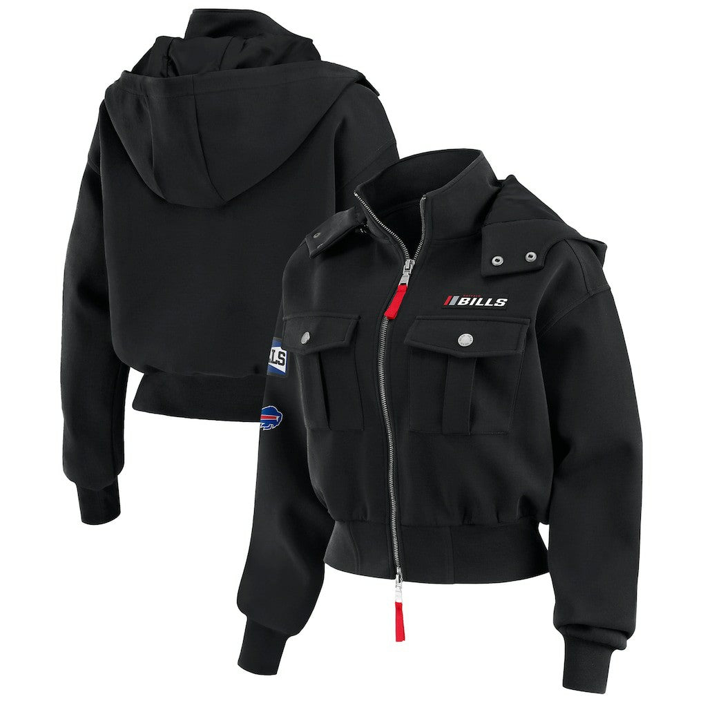 Buffalo Bills WEAR by Erin Andrews Women's Tri-Blend Patch Pocket Cropped Full-Zip Bomber Hoodie Jacket Black - NFL