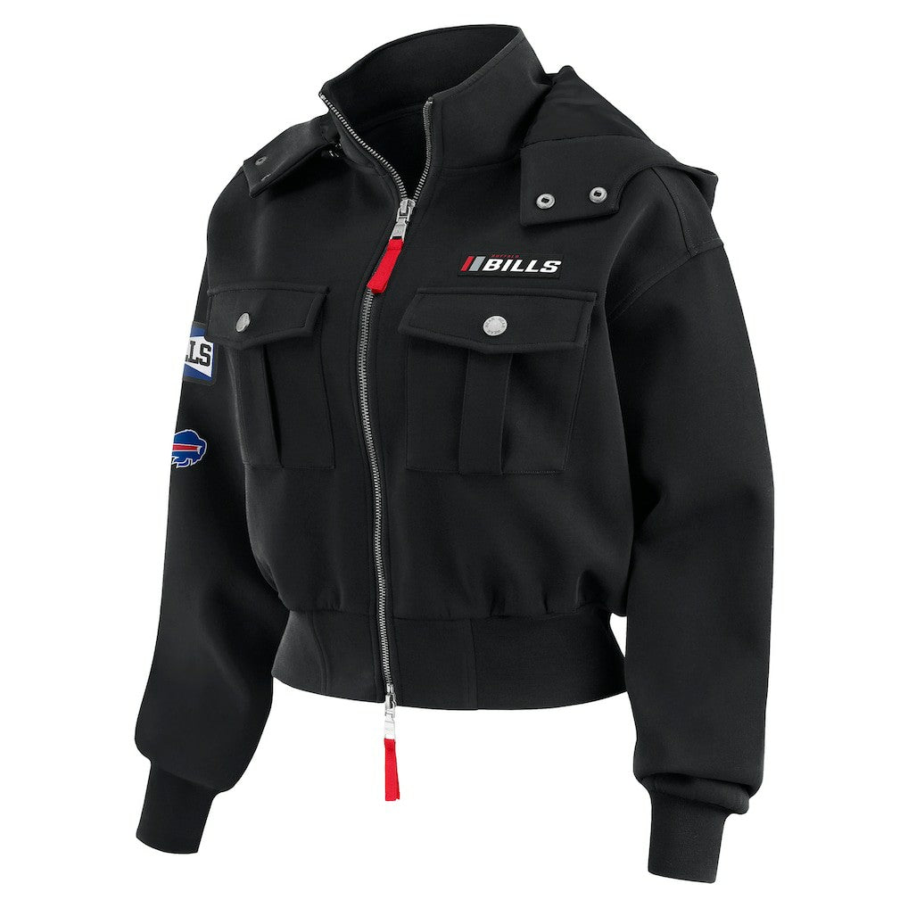 Buffalo Bills WEAR by Erin Andrews Women's Tri-Blend Patch Pocket Cropped Full-Zip Bomber Hoodie Jacket Black - NFL