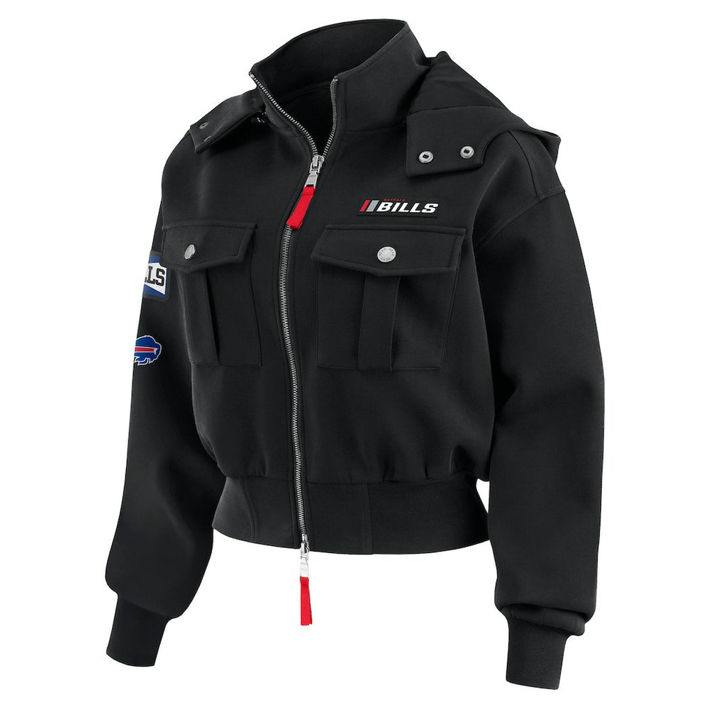 Buffalo Bills WEAR by Erin Andrews Women's Tri-Blend Patch Pocket Cropped Full-Zip Bomber Hoodie Jacket Black - NFL