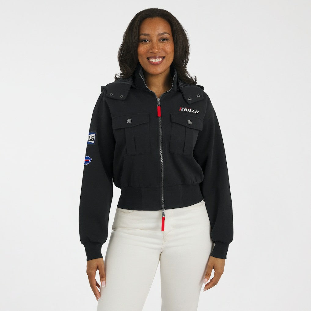 Buffalo Bills WEAR by Erin Andrews Women's Tri-Blend Patch Pocket Cropped Full-Zip Bomber Hoodie Jacket Black - NFL