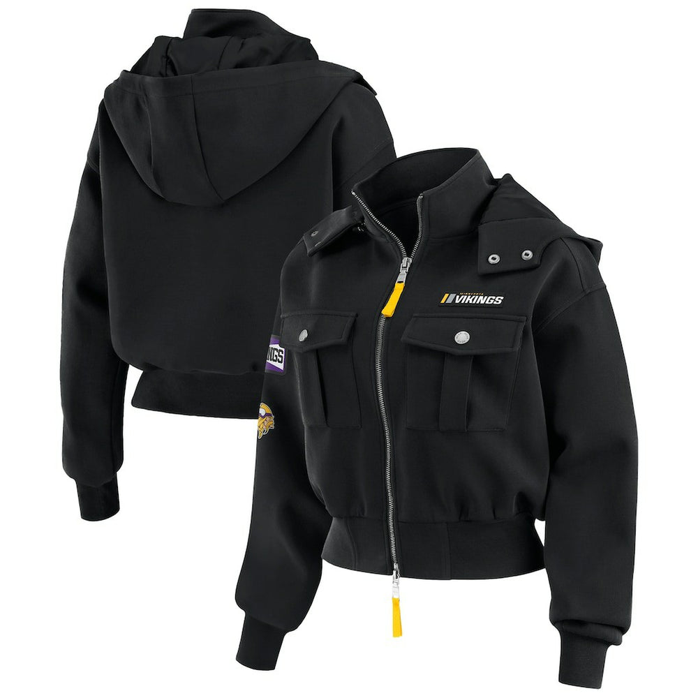 Minnesota Vikings WEAR by Erin Andrews Women's Tri-Blend Patch Pocket Cropped Full-Zip Bomber Hoodie Jacket Black - NFL