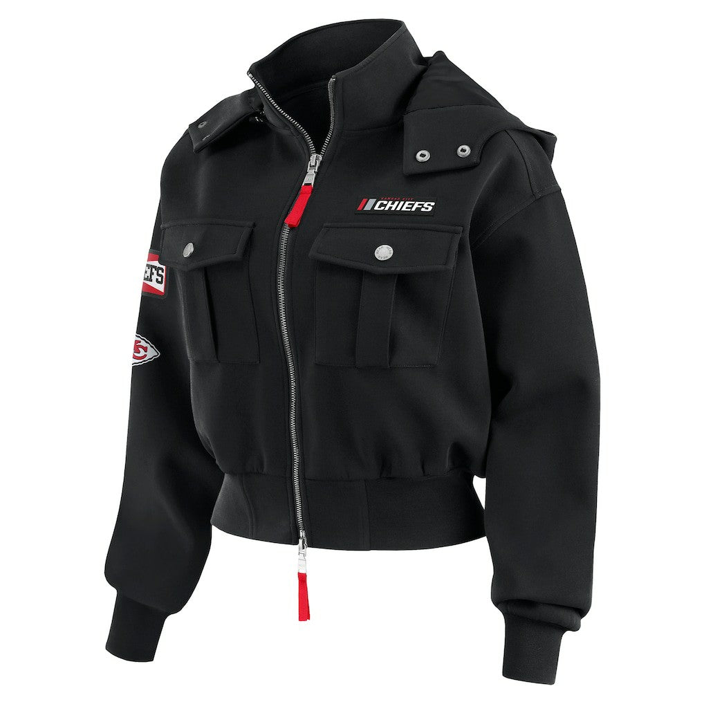 Kansas City Chiefs WEAR by Erin Andrews Women's Tri-Blend Patch Pocket Cropped Full-Zip Bomber Hoodie Jacket Black - NFL