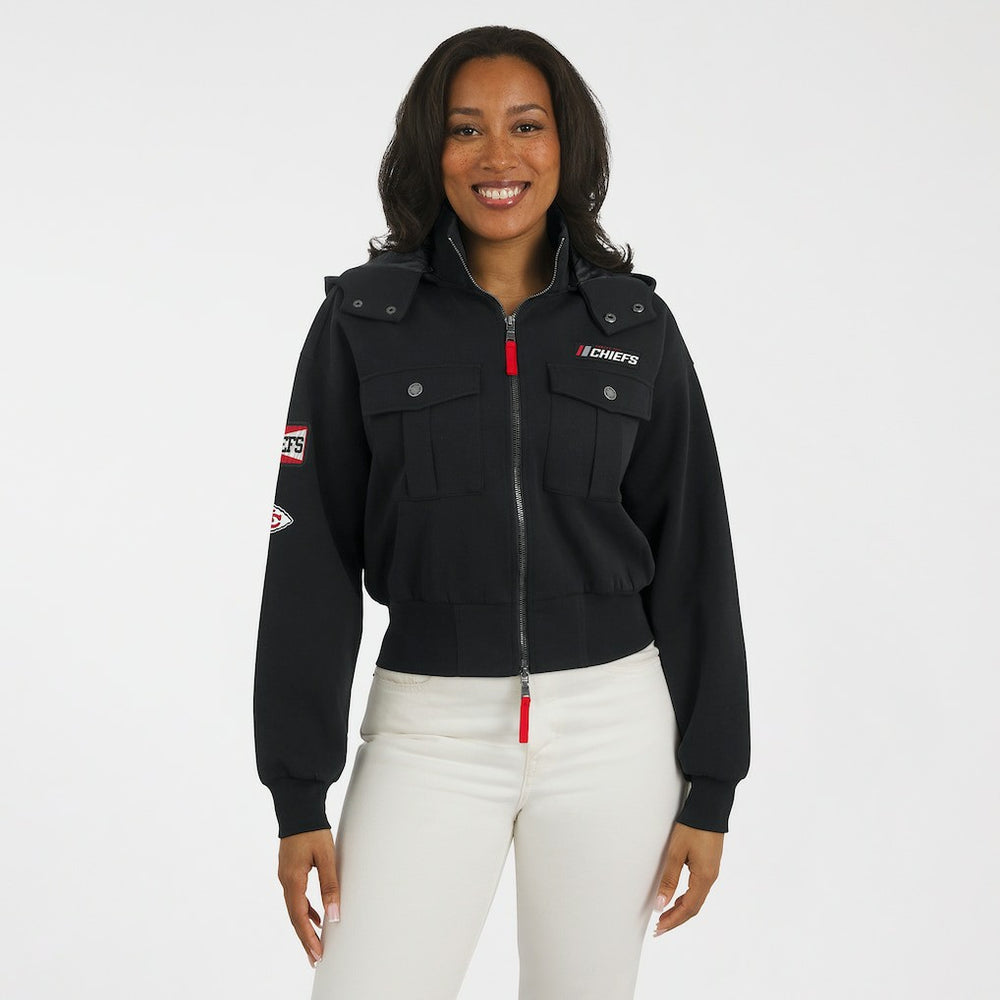 Kansas City Chiefs WEAR by Erin Andrews Women's Tri-Blend Patch Pocket Cropped Full-Zip Bomber Hoodie Jacket Black - NFL
