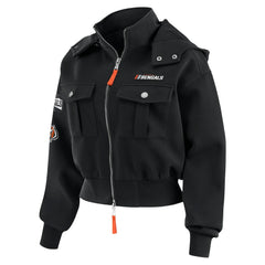 Cincinnati Bengals WEAR by Erin Andrews Women's Tri-Blend Patch Pocket Cropped Full-Zip Bomber Hoodie Jacket Black - NFL