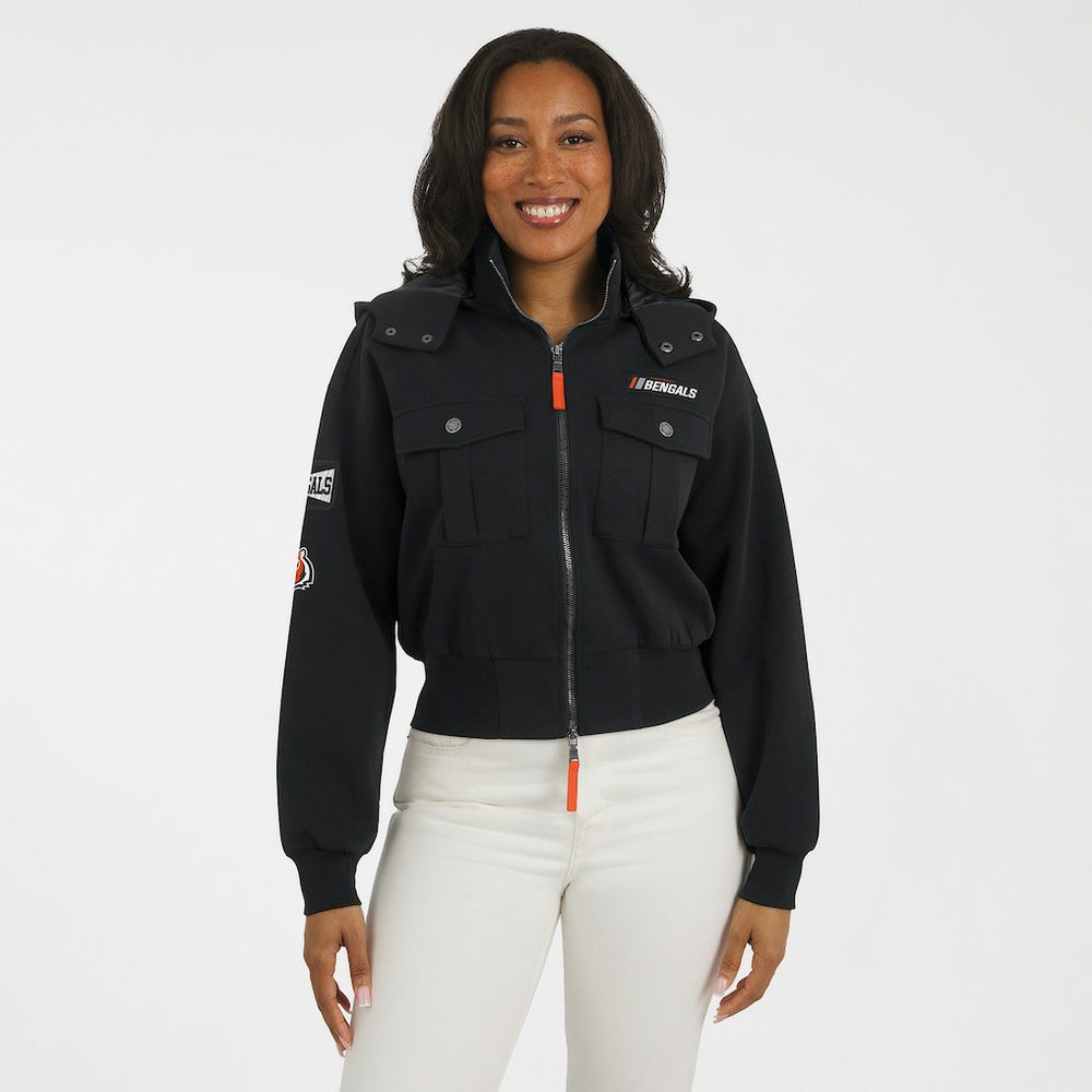 Cincinnati Bengals WEAR by Erin Andrews Women's Tri-Blend Patch Pocket Cropped Full-Zip Bomber Hoodie Jacket Black - NFL